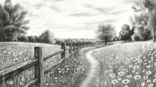 A delicate charcoal sketch of a quiet countryside scene, an old wooden fence dividing lush meadows, wildflowers scattered
