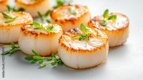 Grilled Scallops with Herb Garnish on White Plate