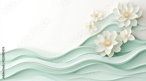 Serene Paper Art Composition with Lotus Flowers and Gentle Waves
