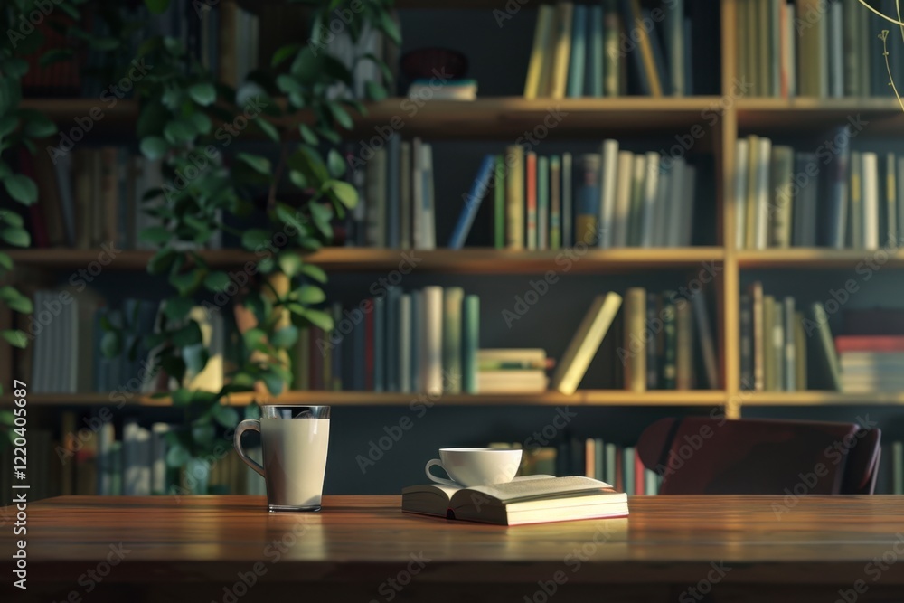 Cozy Reading Nook with Coffee Cup and Open Book on Wooden Table Cozy Reading Nook with Coffee Cup and Open Book on Wooden Table