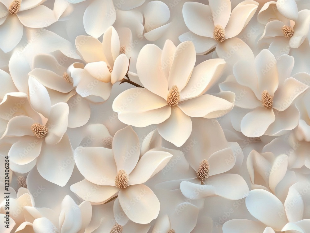 A Seamless Pattern of Cream/Off-White Magnolia Flowers with Yellow/Orange Centers and Light Brown/Golden Brown Branches on a Cream/Off-White Background A Seamless Pattern of Cream/Off-White Magnolia Flowers with Yellow/Orange Centers and Light Brown/Golden Brown Branches on a Cream/Off-White Background