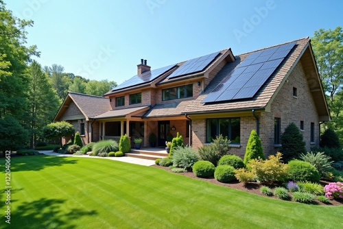 Elegant suburban house featuring renewable energy solar panels on the roof and a landscaped lawn surrounded by lush greenery, symbolizing eco-living and sustainable design.