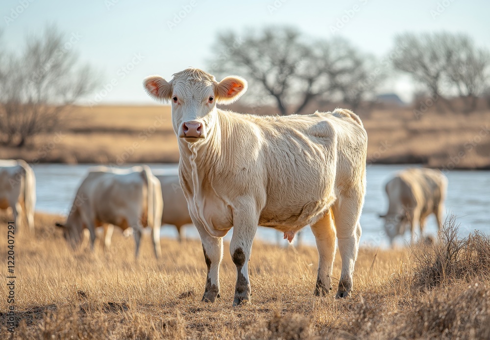 Obraz premium Charming Young White Cow Standing Gracefully Near Water, Surrounded by Lush Pasture and Gentle Landscape in Golden Hour Light