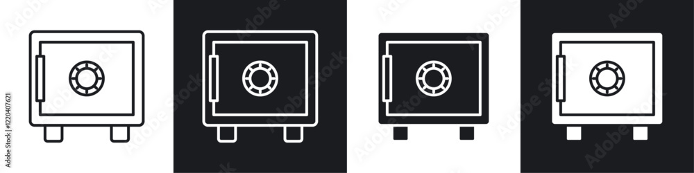 Bank vault icons collection in black and white solid and line style Bank vault icons collection in black and white solid and line style