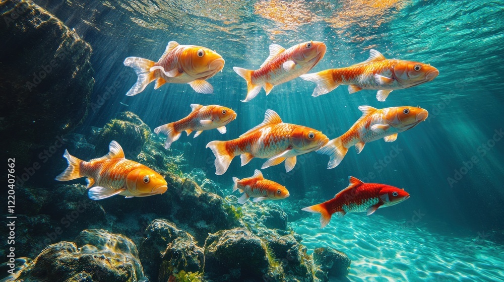 Fototapeta premium Koi fish swim underwater, sunlit rocks, aquatic scene, peaceful pond