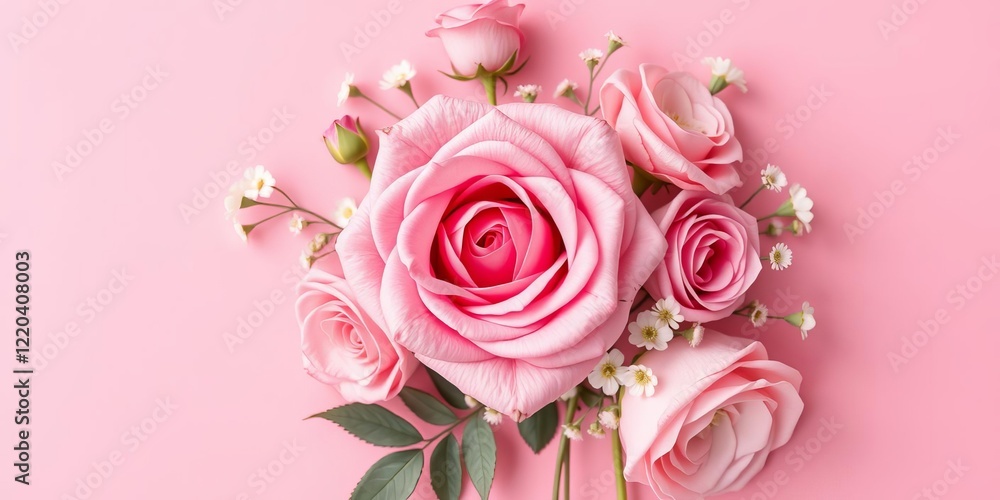 Pink rose flowers bouquet on pink background flat lay top view minimal floral composition, top view, pink background Pink rose flowers bouquet on pink background flat lay top view minimal floral composition, top view, pink background