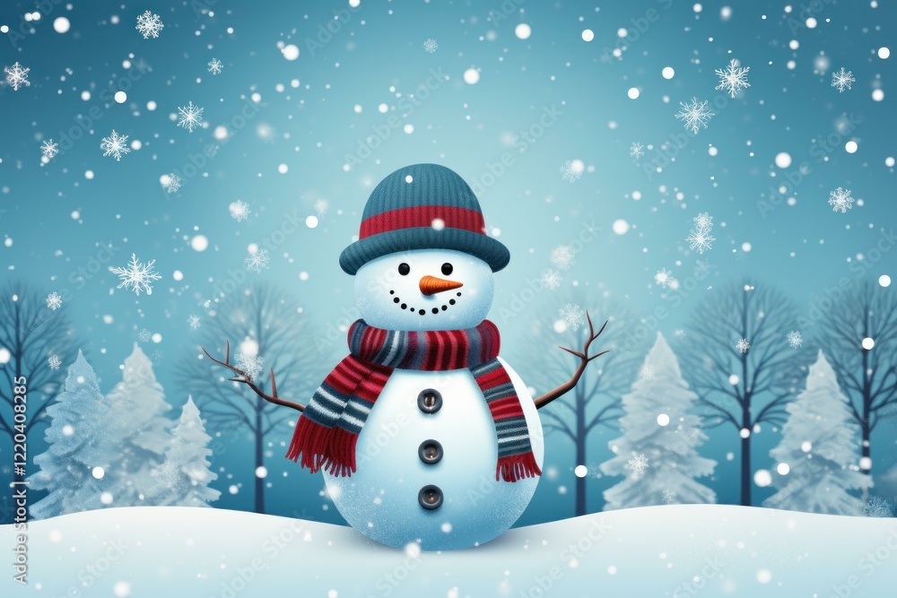 Smiling snowman wearing a striped scarf and beanie hat stands in a snowy winter wonderland with falling snowflakes and snow covered trees Smiling snowman wearing a striped scarf and beanie hat stands in a snowy winter wonderland with falling snowflakes and snow covered trees