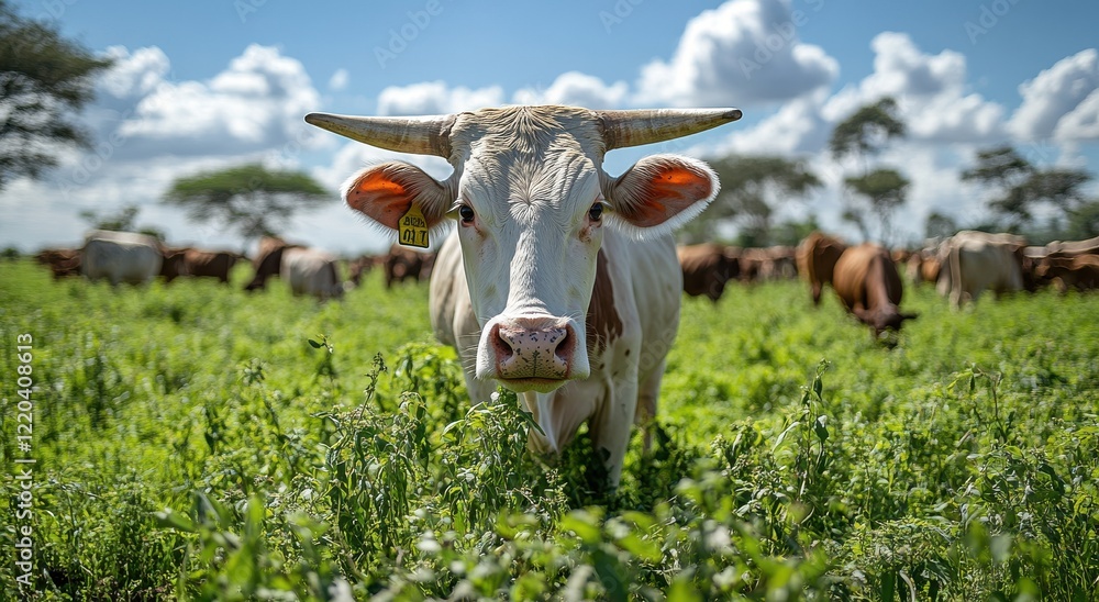 Close-Up of a Brown and White Cow Grazing in a Lush Green Field Under a Bright Blue Sky with Fluffy Clouds and Other Cattle in the Background Close-Up of a Brown and White Cow Grazing in a Lush Green Field Under a Bright Blue Sky with Fluffy Clouds and Other Cattle in the Background