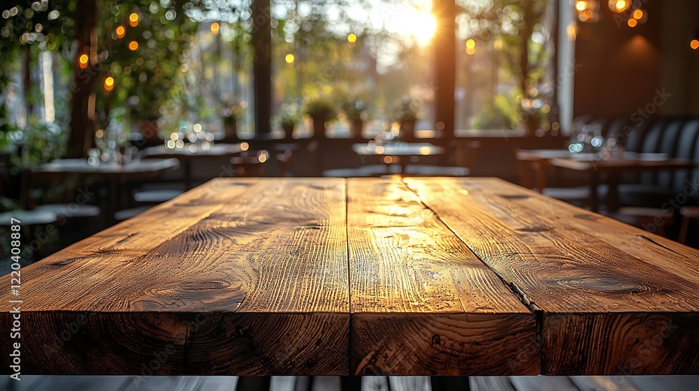 Rustic Wooden Table Restaurant Sunset Background Rustic Wooden Table Restaurant Sunset Background