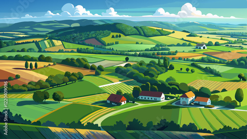 Aerial view of endless lush pastures and farmlands of England. Beautiful English countryside with emerald green fields and meadows.