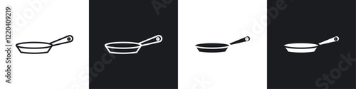 Frying pan icons collection in black and white solid and line style