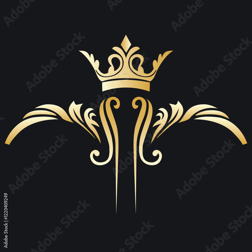 Elegant Golden Emblem with Crown and Laurel Wreath on Dark Blue Background