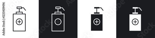 Hand sanitizer icons collection in black and white solid and line style