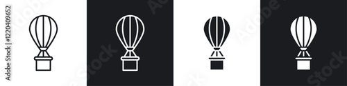 Hot air balloon icons collection in black and white solid and line style