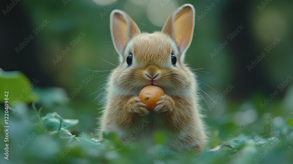 Cute bunny eating fruit in lush garden, nature background Cute bunny eating fruit in lush garden, nature background