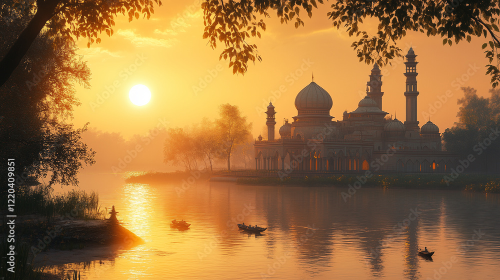 Obraz premium Peaceful Sunset over a Lake with a Mosque