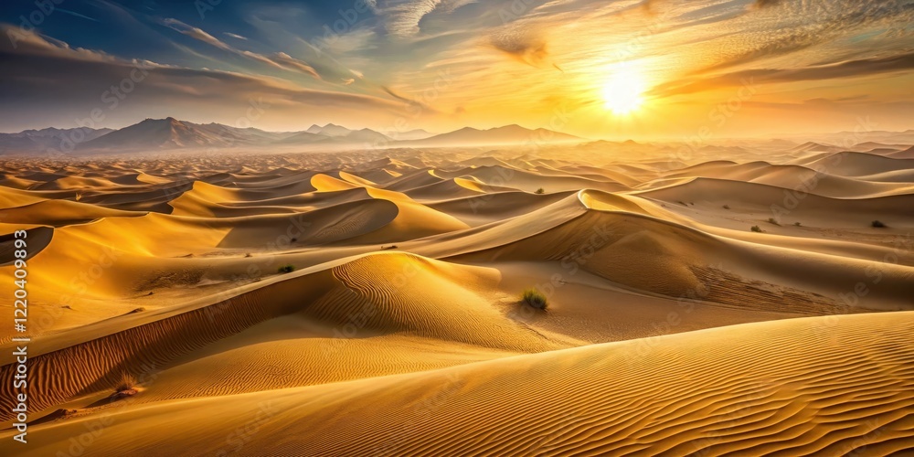 Naklejka premium Golden hour light falls on a vast expanse of shifting sand dunes in a desert landscape during an intense sandstorm, Winding Roads, Golden Hour