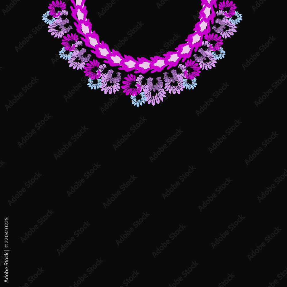 Floral wreath on black background. Vector illustration for your design. Ikat embroidery necklace design for shirts and tops. Floral wreath on black background. Vector illustration for your design. Ikat embroidery necklace design for shirts and tops.