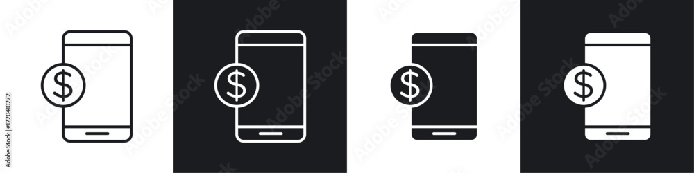 Mobile banking icons collection in black and white solid and line style Mobile banking icons collection in black and white solid and line style