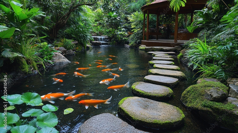 Koi pond garden gazebo tranquility steps waterfall Koi pond garden gazebo tranquility steps waterfall