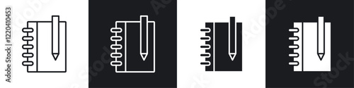 Notebook icons collection in black and white solid and line style