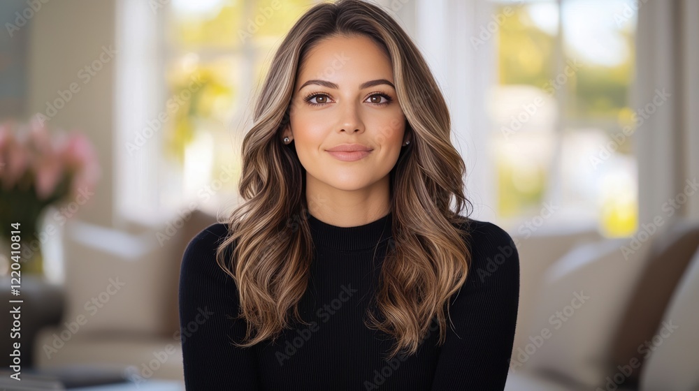 Elegant Young Woman with Beautiful Hair and Natural Makeup in Cozy Home Setting Elegant Young Woman with Beautiful Hair and Natural Makeup in Cozy Home Setting