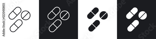 Pills icons collection in black and white solid and line style