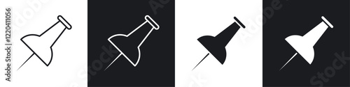 Push pin icons collection in black and white solid and line style