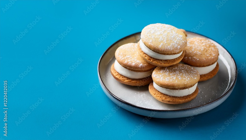 Fresh argentina dish alfajores cookies, dulce de leche cookies on blue background Fresh argentina dish alfajores cookies, dulce de leche cookies on blue background