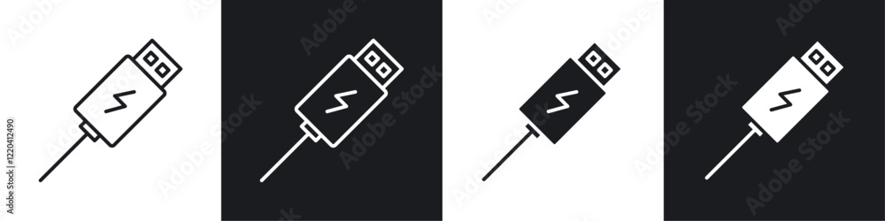 Usb icons collection in black and white solid and line style Usb icons collection in black and white solid and line style