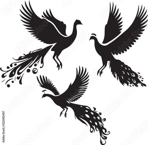 set of peafowl sitting poses, flying peafowl, peacock silhouette, peahen silhouette, peafowl vector, bird silhouette, peacock flying,