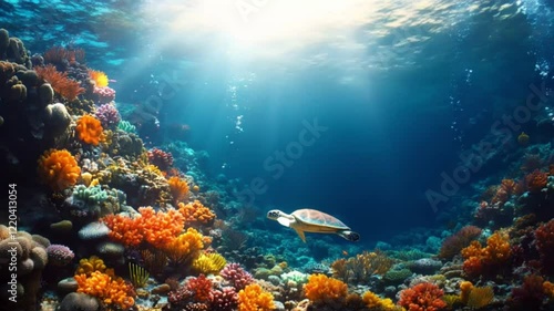 Wallpaper Mural Underwater view of a coral reef teeming with marine life and a sea turtle swimming in clear blue waters. Torontodigital.ca