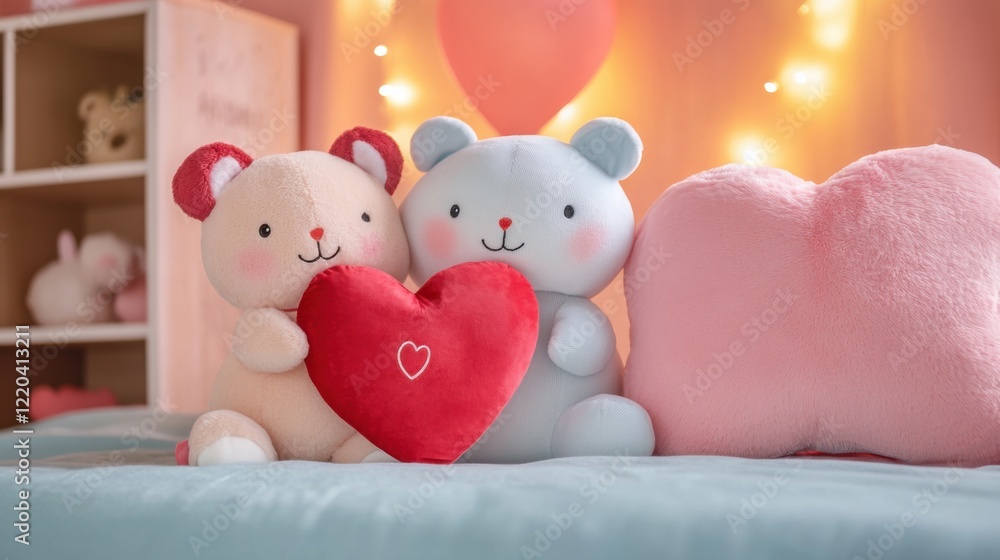 Obraz premium A cute Valentine's gift for a girlfriend with a personalized plush toy holding a heart-shaped cushion