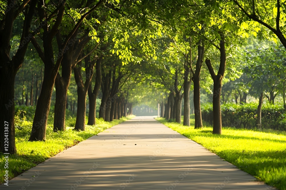 Obraz premium A long, tree-lined path is shown in the image