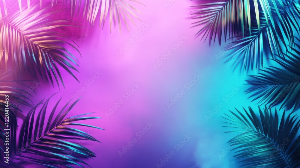 A dramatic motion of palm leaf shadows dancing naturally on a glowing neon purple and turquoise backdrop, creating a tropical and modern vibe A dramatic motion of palm leaf shadows dancing naturally on a glowing neon purple and turquoise backdrop, creating a tropical and modern vibe