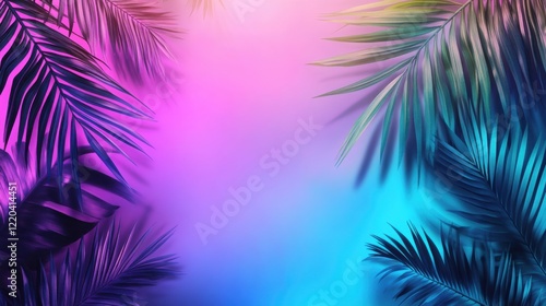 Wallpaper Mural A dramatic motion of palm leaf shadows dancing naturally on a glowing neon purple and turquoise backdrop, creating a tropical and modern vibe Torontodigital.ca