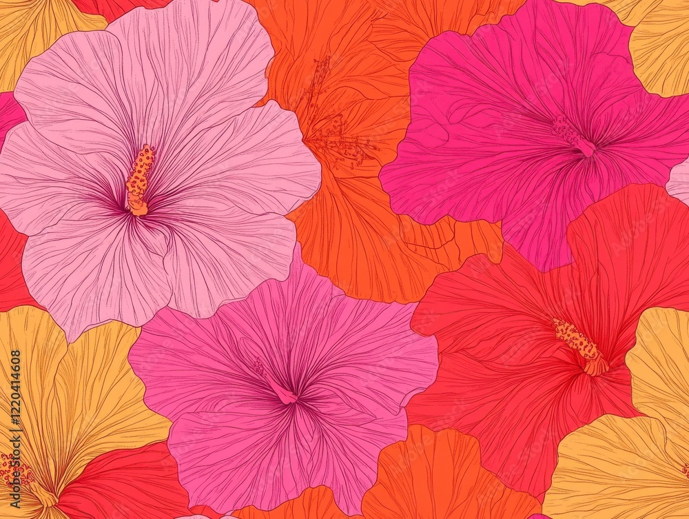 A Seamless Pattern of Pink and Orange Hibiscus Flowers with Yellow Stamens and Dark Green Leaves on a Deep Red/Magenta Background A Seamless Pattern of Pink and Orange Hibiscus Flowers with Yellow Stamens and Dark Green Leaves on a Deep Red/Magenta Background