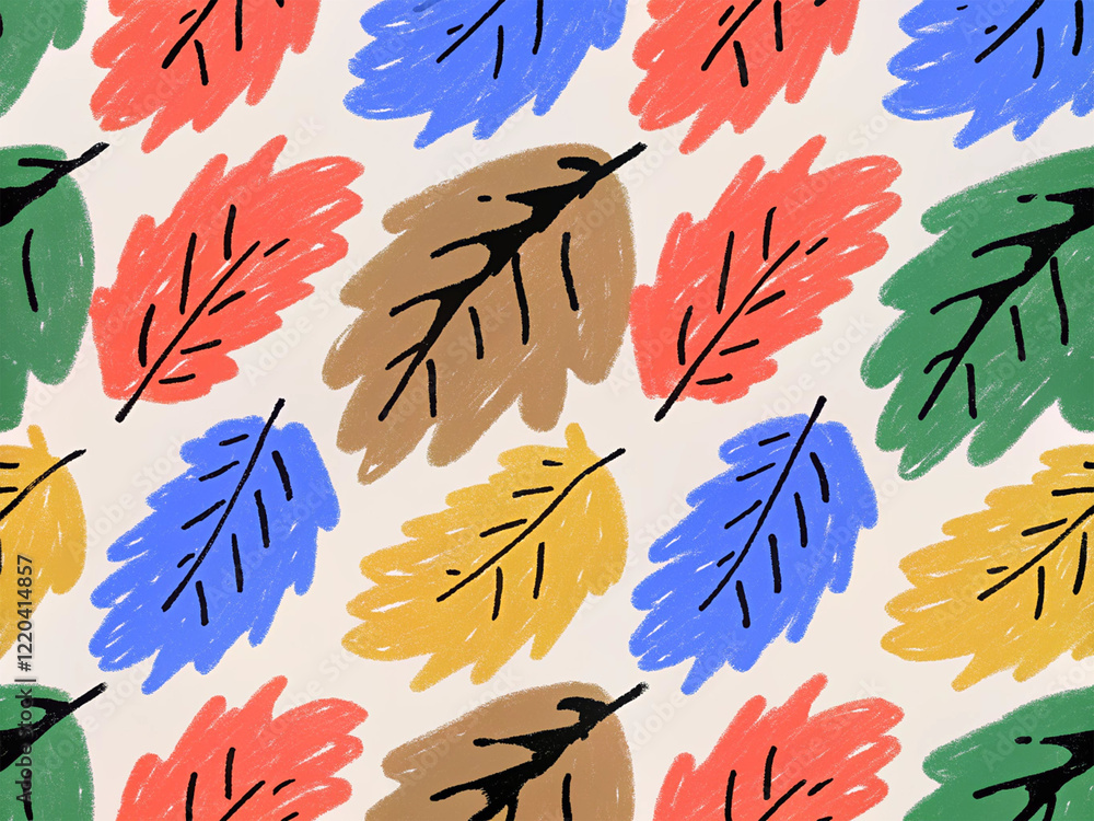 Cartoon style tree leaves or branches pattern, hand drawn in colorful seamless patterns in various sizes. Cartoon style tree leaves or branches pattern, hand drawn in colorful seamless patterns in various sizes.