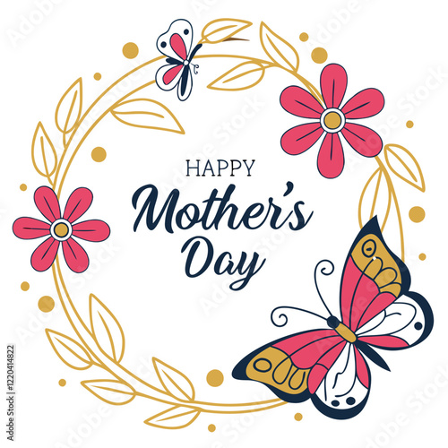 Happy Mother's Day with Golden Floral Patterns and Butterfly Illustrations. Perfect for: Mother's Day, lavish celebrations, elegant dinners