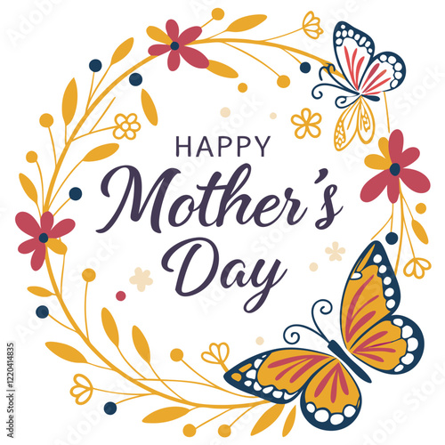 Happy Mother's Day with Golden Floral Patterns and Butterfly Illustrations. Perfect for: Mother's Day, lavish celebrations, elegant dinners