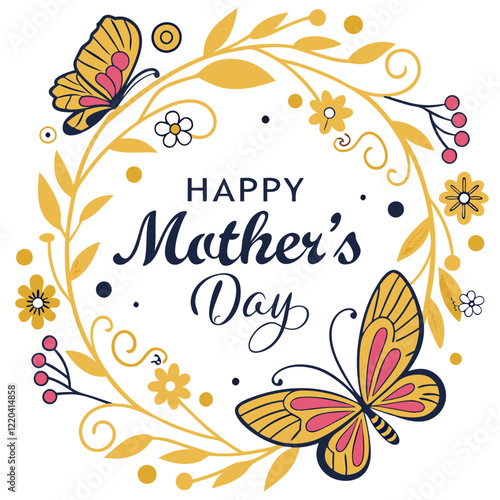 Happy Mother's Day with Golden Floral Patterns and Butterfly Illustrations. Perfect for: Mother's Day, lavish celebrations, elegant dinners