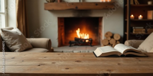 Cozy living room scene with open book on wooden table, fireplace glowing warmly in background