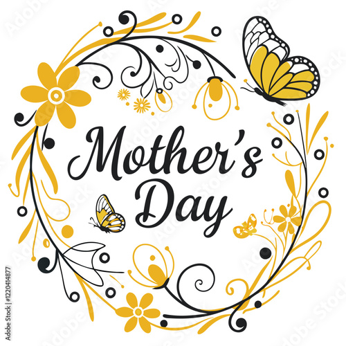 Happy Mother's Day with Golden Floral Patterns and Butterfly Illustrations. Perfect for: Mother's Day, lavish celebrations, elegant dinners