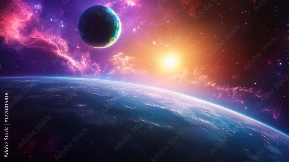 Fototapeta premium Vibrant Neon Space Station Orbiting Distant Planet