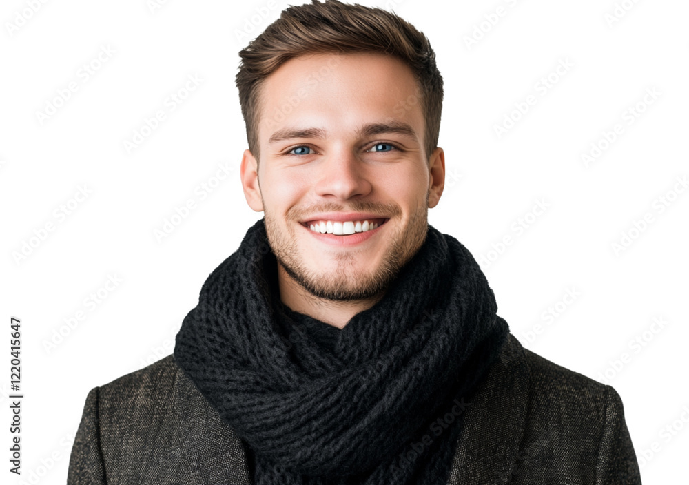 A man with short hair and blue eyes, smiling and wearing an oversized black scarf around his neck, against a transparent white background png A man with short hair and blue eyes, smiling and wearing an oversized black scarf around his neck, against a transparent white background png