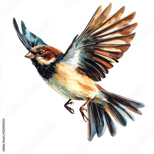 Vibrant Sparrow in Flight with Colorful Feathers and Detailed Wing Structure Captured Against a Clean Background photo