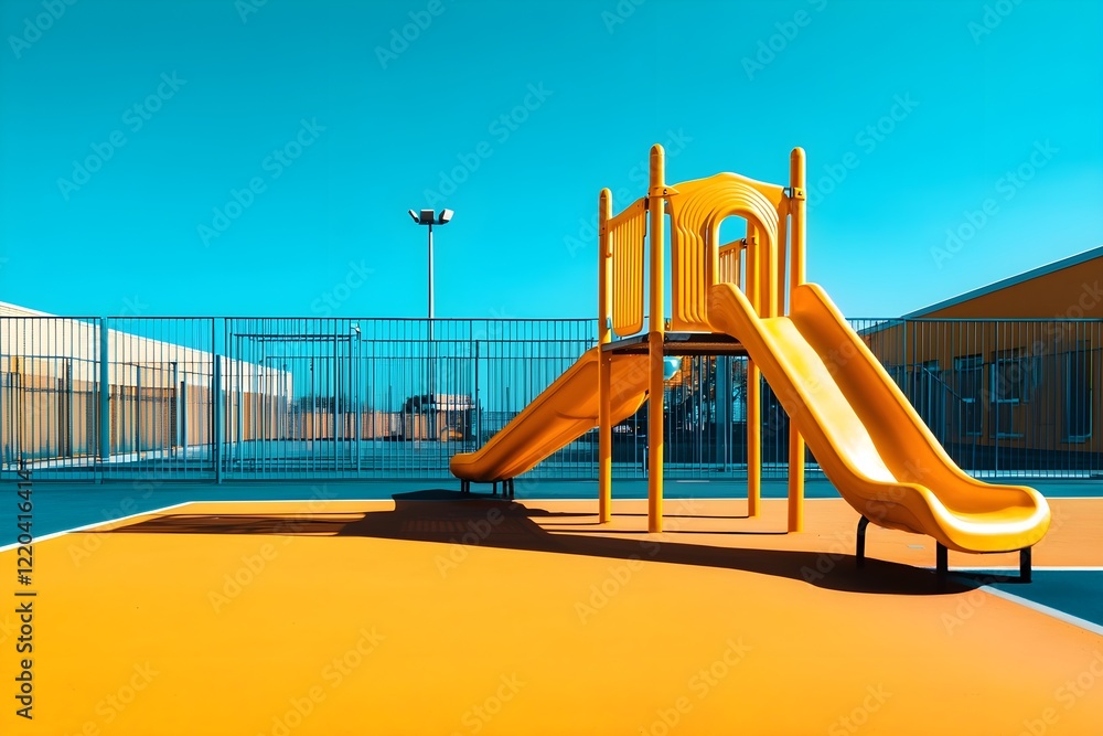 Fototapeta premium A yellow playground slide is in front of a fence