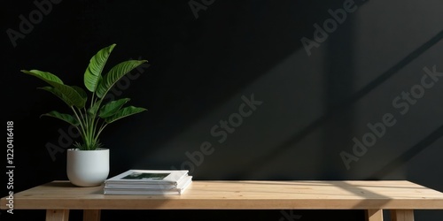 Minimalist home office scene with plant and books on wooden desk against dark wall