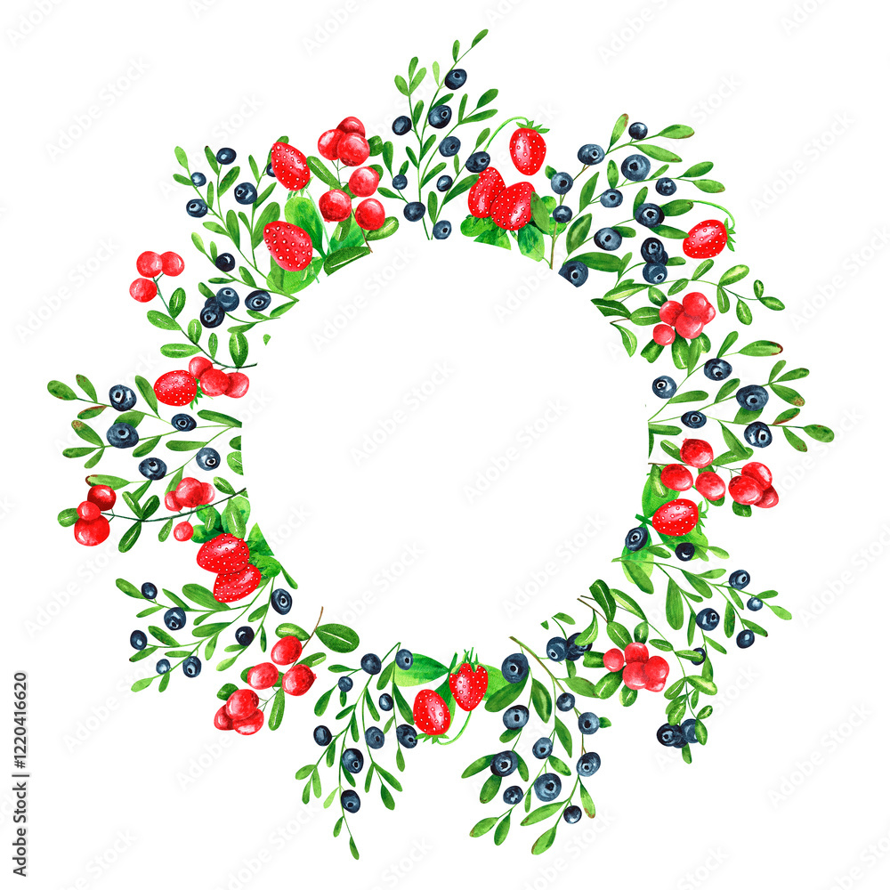 Watercolor wreath on white background. Summer round frame cowberry, blueberry, strawberry. Berries design. Perfect for card, poster, postcard, invitations, wedding, birthday party. Watercolor wreath on white background. Summer round frame cowberry, blueberry, strawberry. Berries design. Perfect for card, poster, postcard, invitations, wedding, birthday party.