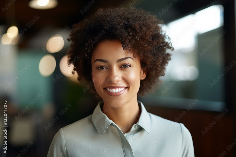 Portrait of a cheerful businesswoman with curly hair, exuding confidence and professionalism in a contemporary office environment Portrait of a cheerful businesswoman with curly hair, exuding confidence and professionalism in a contemporary office environment